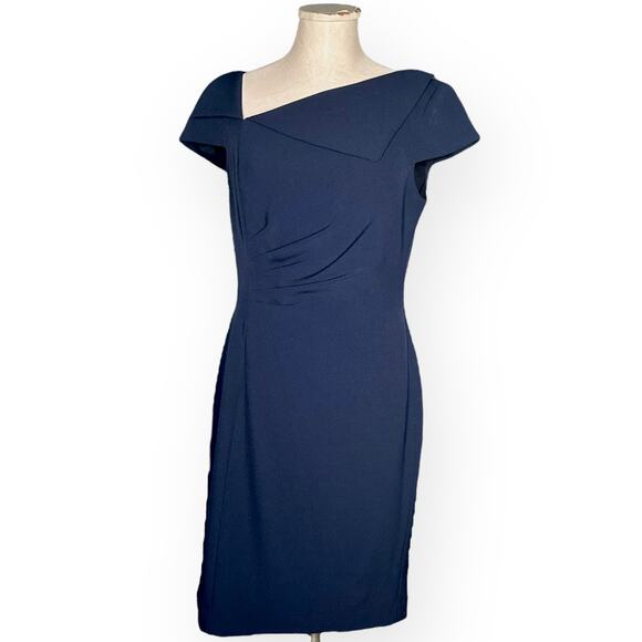 TAHARI ASL Asymmetric Collar Sheath Dress Navy Blue Cap Sleeve Career Office 8 - Picture 2 of 13